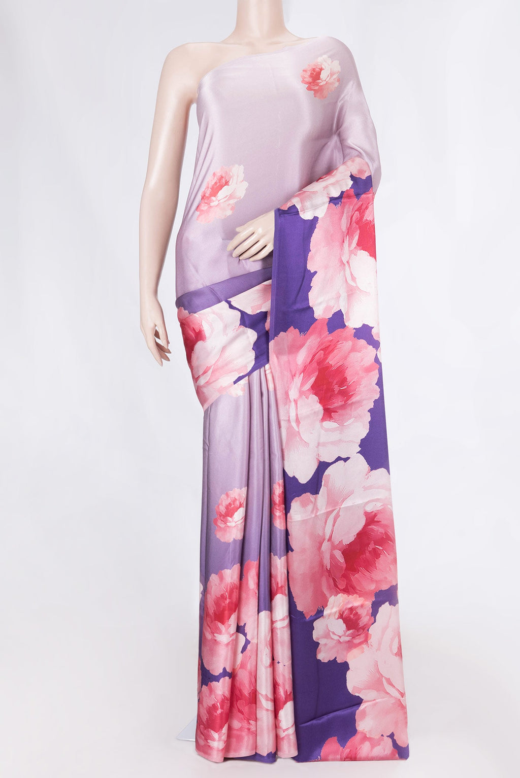 Lavender Satin Silk Saree with Floral Print on the body and Without Border displayed on a mannequin