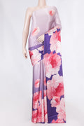 Lavender Satin Silk Saree with Floral Print on the body and Without Border displayed on a mannequin