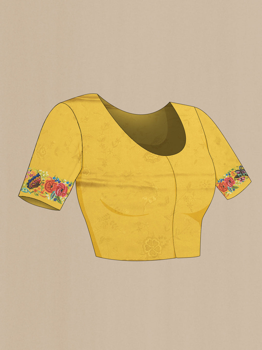 Close up image of the blouse of Yellow Dual Tone Crepe Saree with Printed design on the body and Printed Border. 