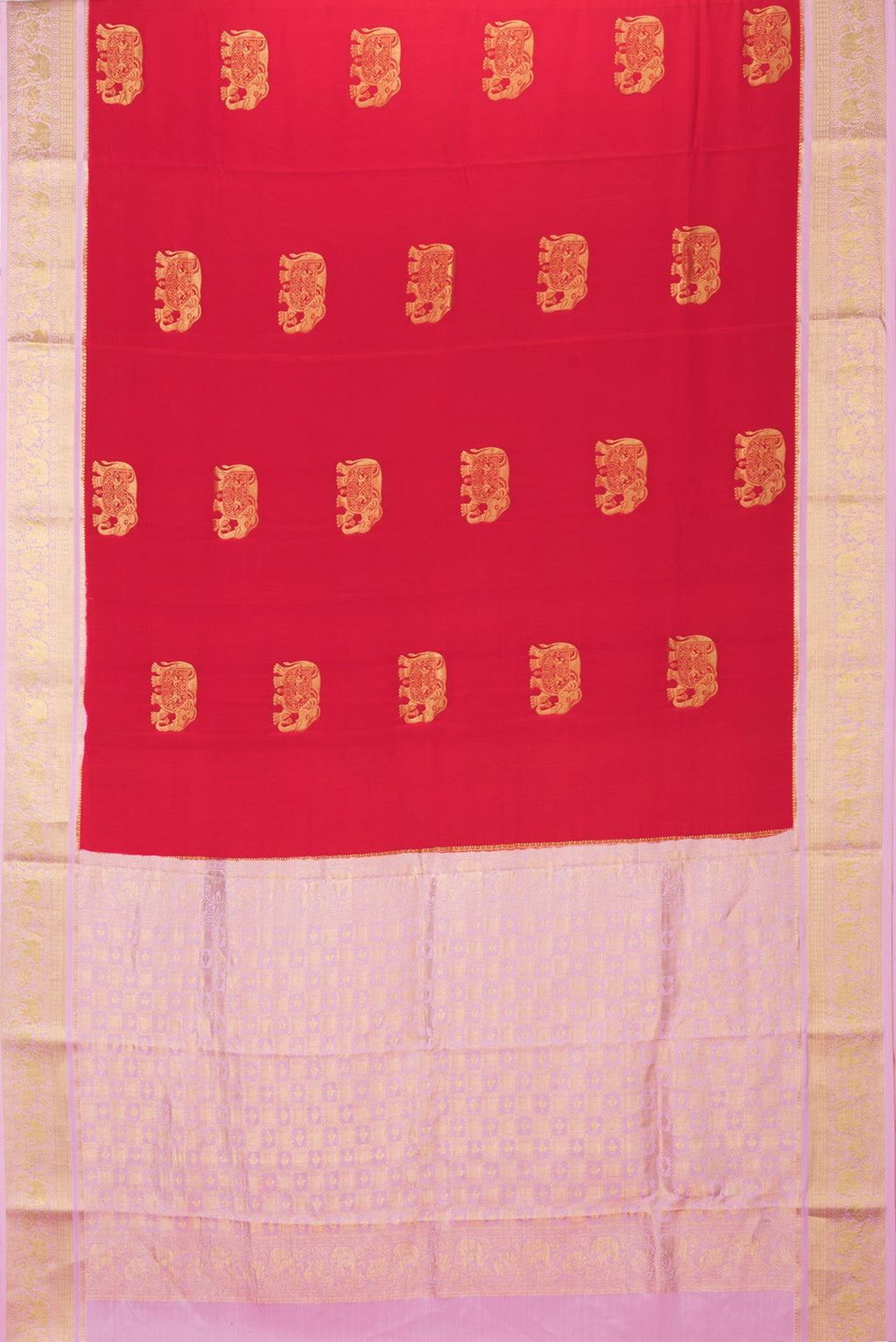 Flat view of Red Dual Tone Mysore Silk Saree with Zari Butta on the body and Zari Border. 