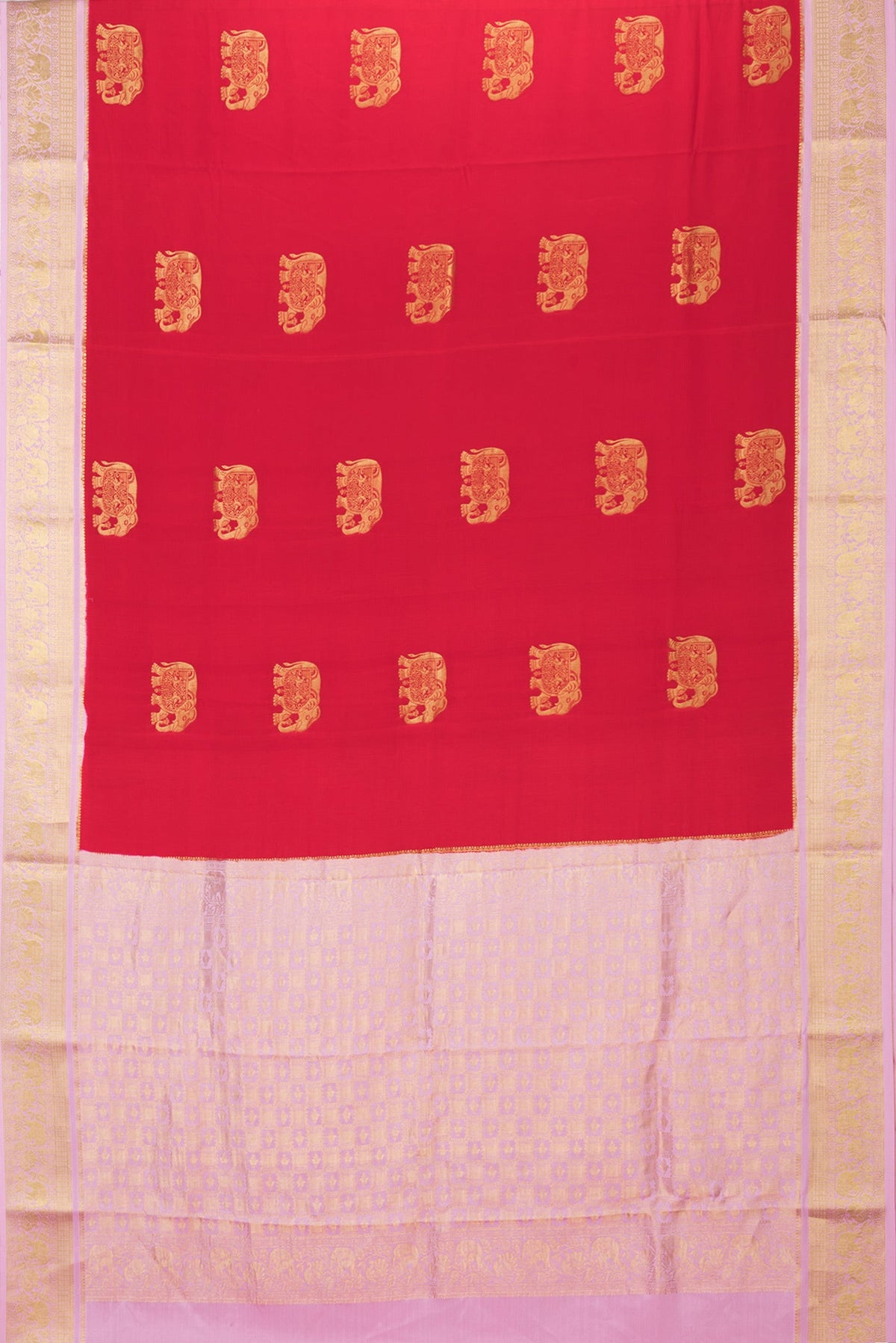 Flat view of Red Dual Tone Mysore Silk Saree with Zari Butta on the body and Zari Border. 