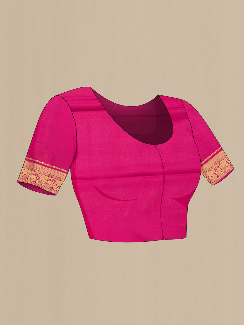 Close up image of the blouse of Burgundy Dual Tone Mysore Silk Saree with Zari Butta on the body and Zari Border. 