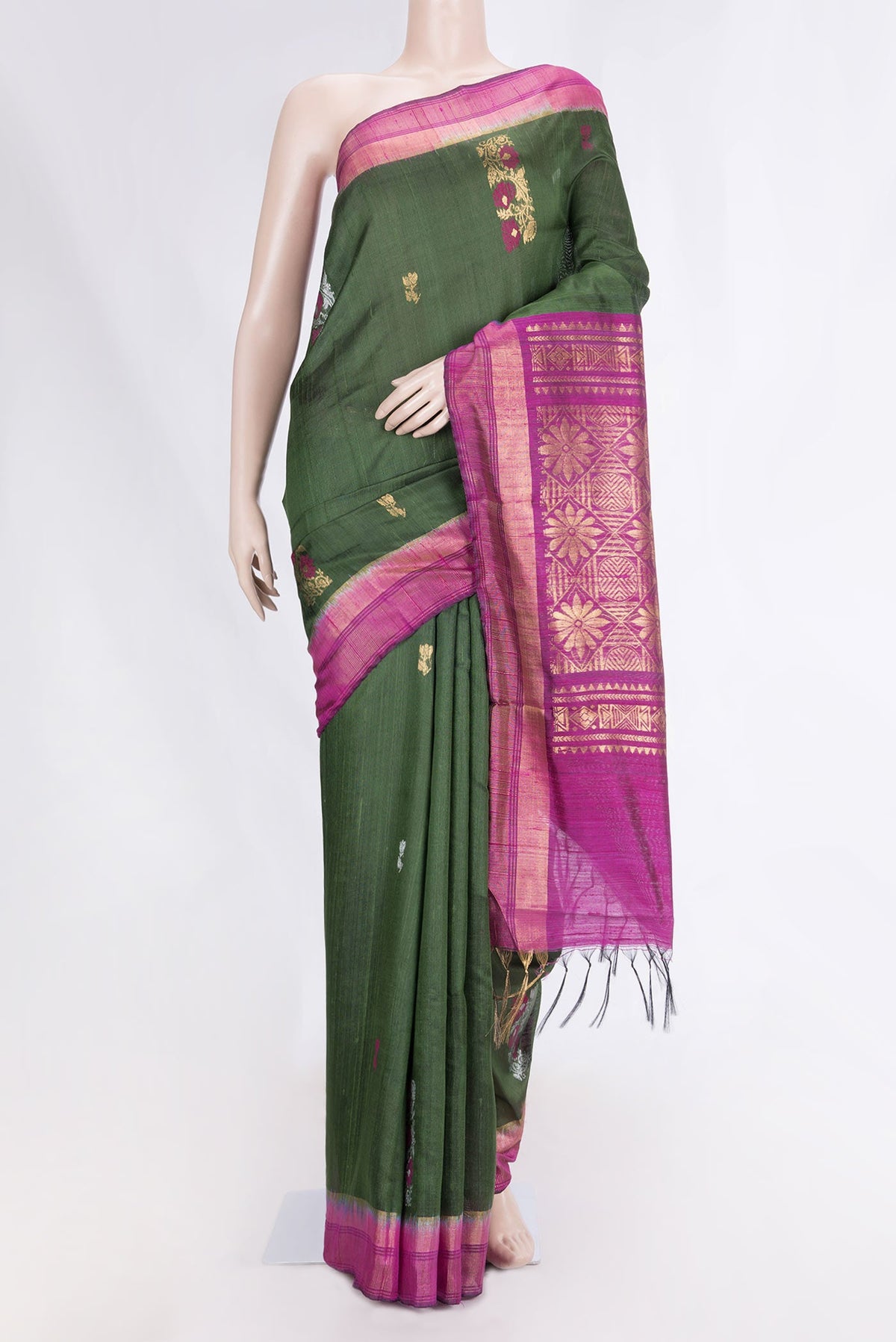 Green Dual Tone Tussar Silk Saree with Thread Butta on the body and Fancy Border displayed on a mannequin
