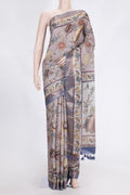 Purple Dual Tone Tussar Saree with kalamkari Print on the body and Fancy Border.  displayed on a mannequin