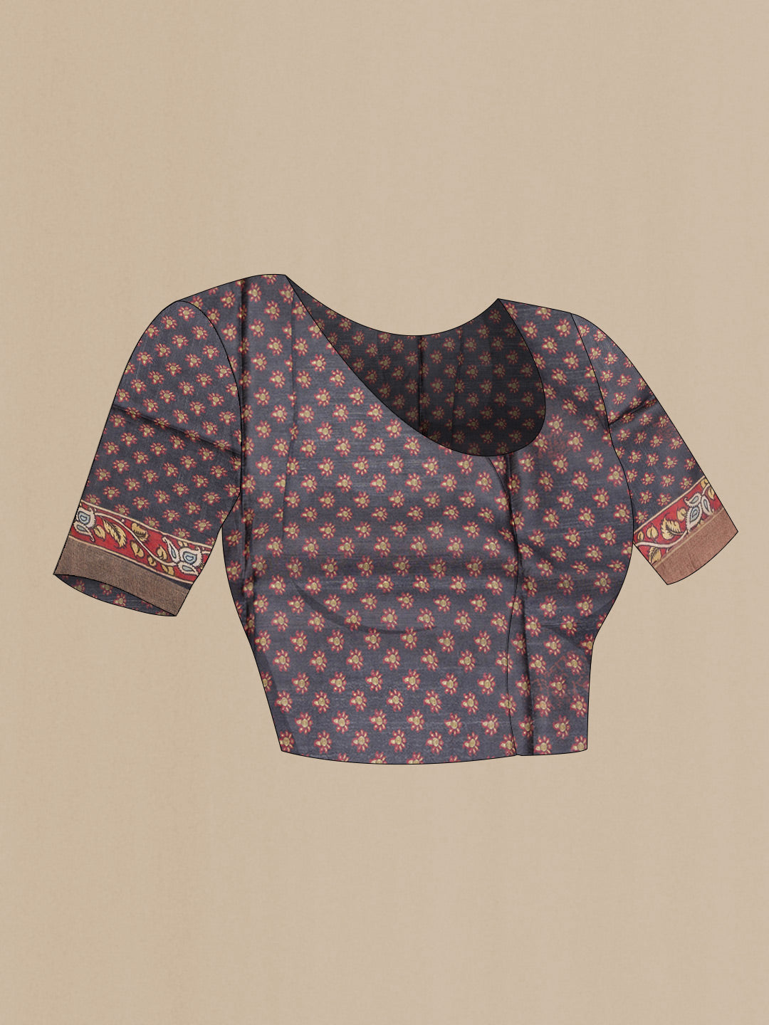 Close up image of the blouse of Black Dual Tone Tussar Saree with kalamkari Print on the body and Zari Border. 
