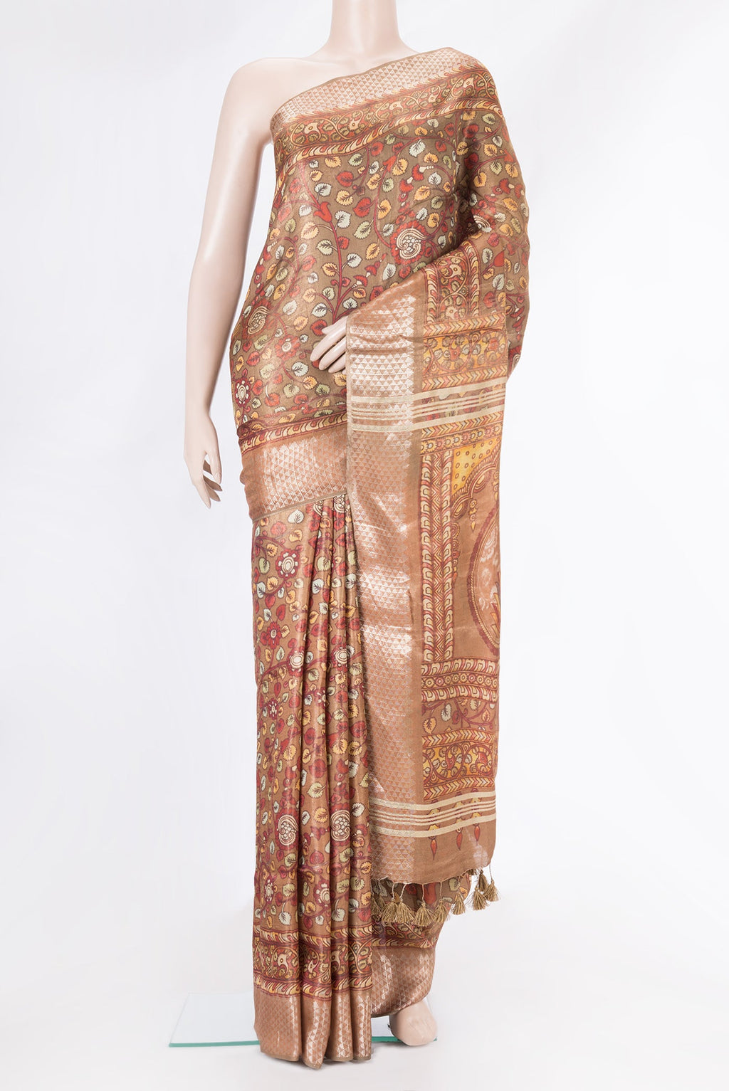 Brown Dual Tone Tussar Silk Saree with kalamkari Print on the body and Zari Border.  displayed on a mannequin