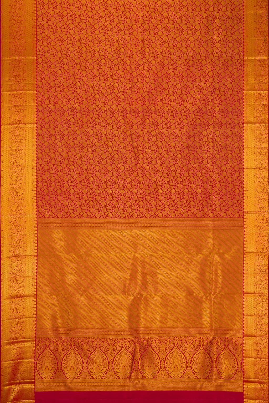 Flat view of Maroon Kanjivaram Silk Saree with Zari Brocade on the body and Zari Border. 