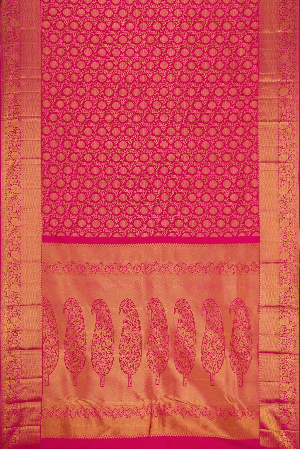 Flat view of Pink Kanjivaram Silk Saree with Zari Brocade on the body and Zari Border. 