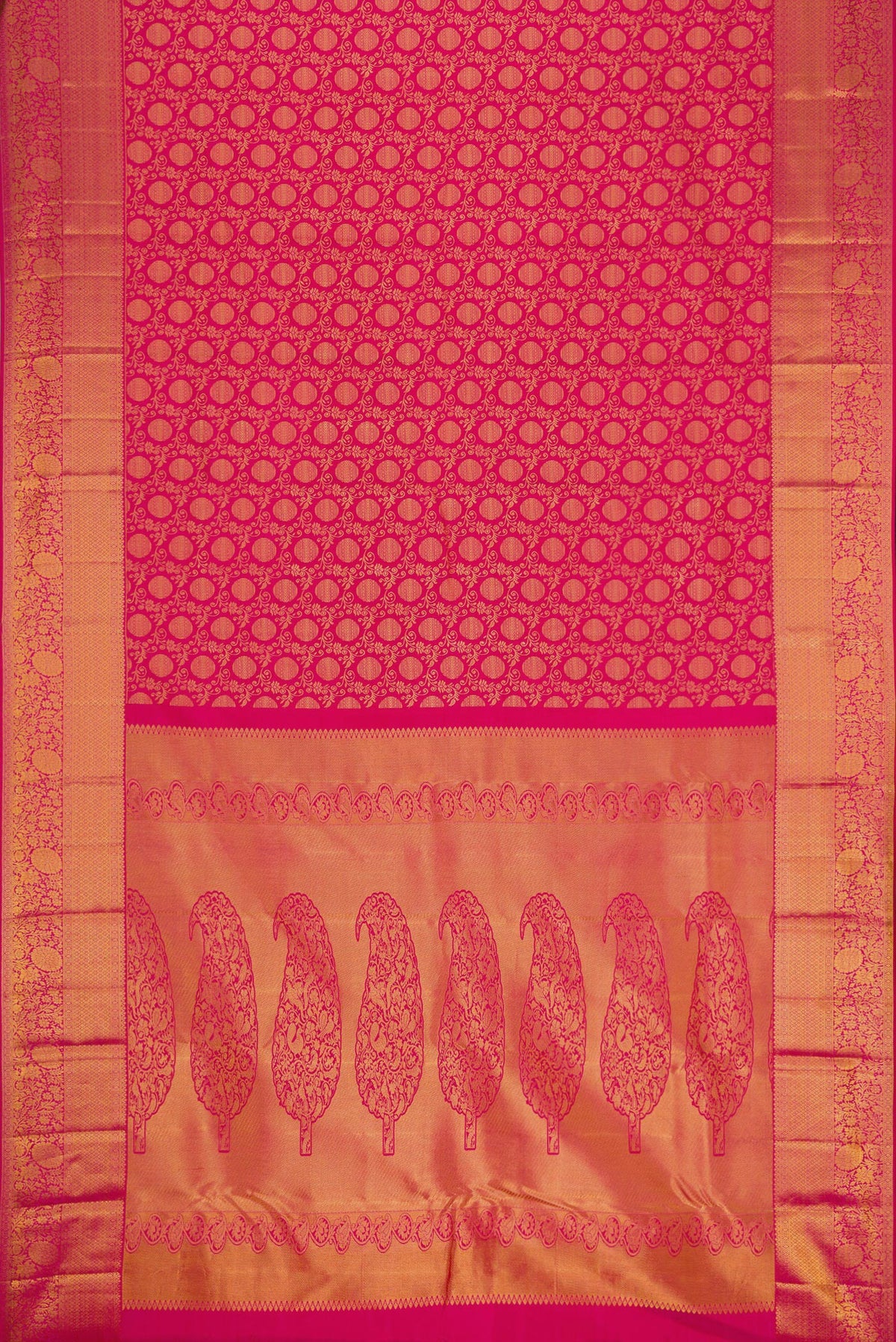 Flat view of Pink Kanjivaram Silk Saree with Zari Brocade on the body and Zari Border. 