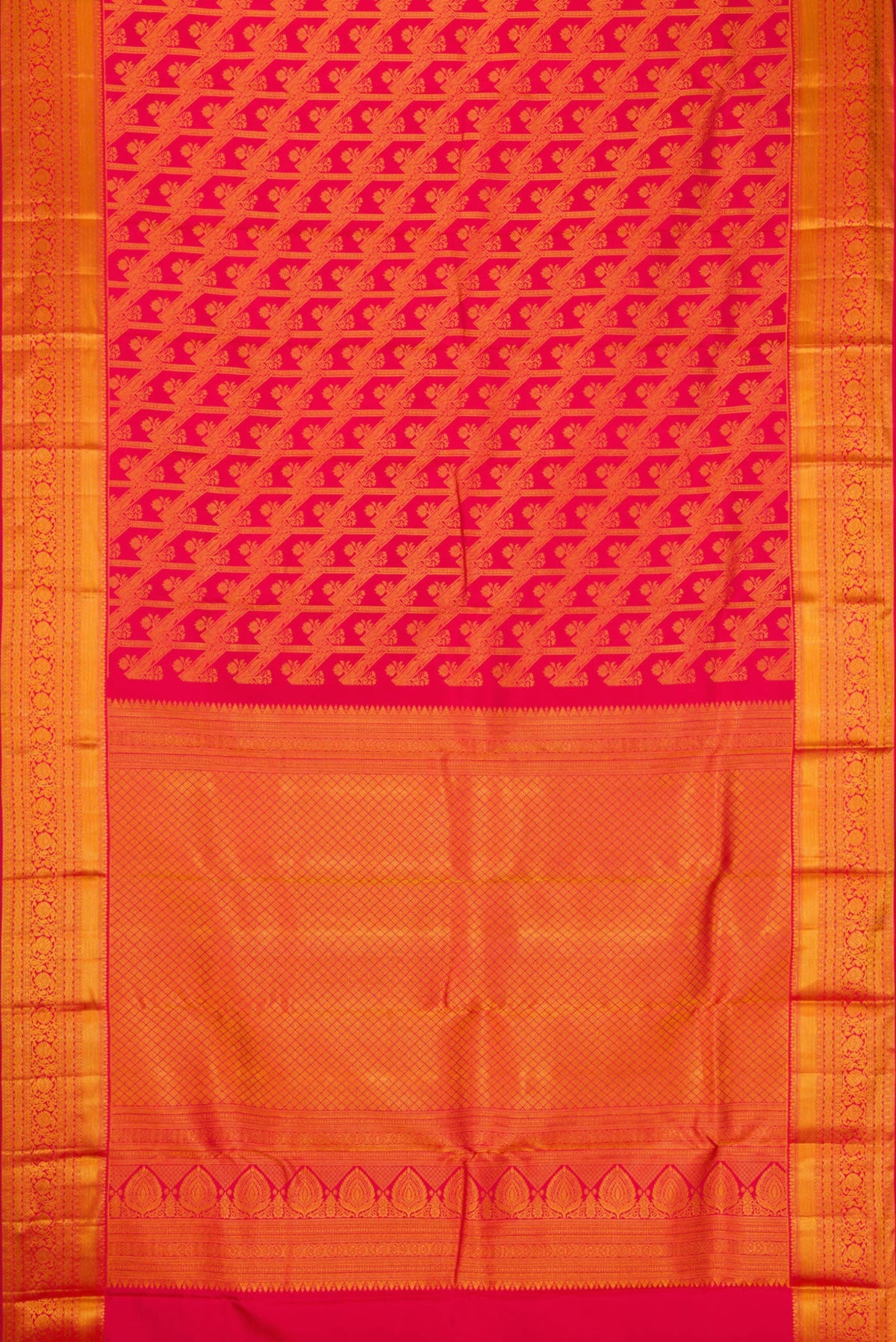 Flat view of Dark Pink Dual Tone Kanjivaram Silk Saree with Zari Brocade on the body and Zari Border. 