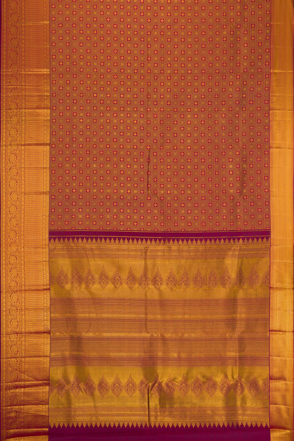 Flat view of Magenta Kanjivaram Silk Saree with Zari Brocade on the body and Fancy Border. 