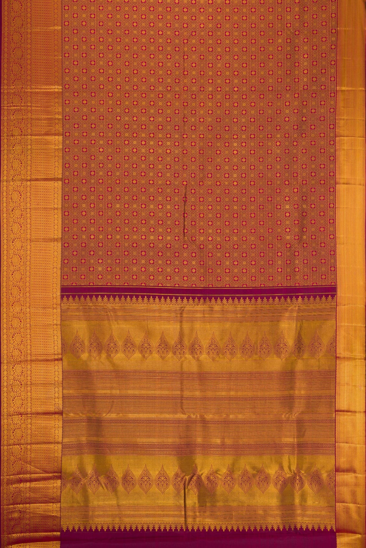 Flat view of Magenta Kanjivaram Silk Saree with Zari Brocade on the body and Fancy Border. 