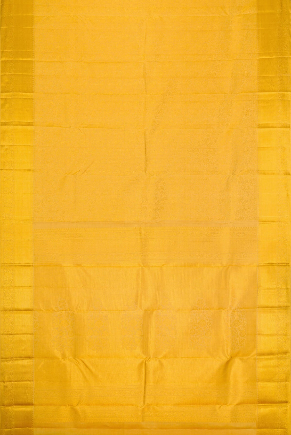 Flat view of Gold Dual Tone Kanjivaram Silk Saree with Zari Brocade on the body and Zari Border. 