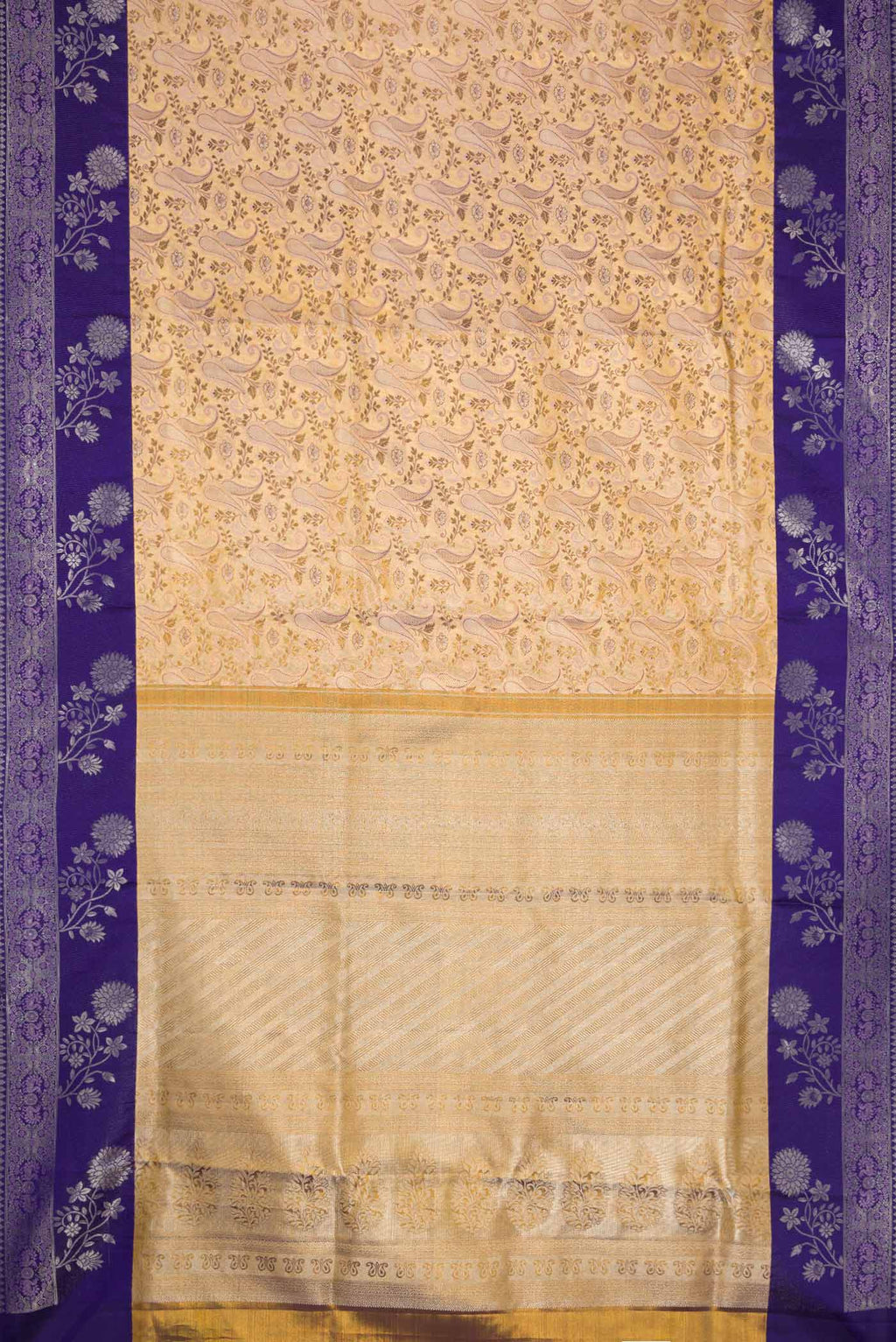 Flat view of Gold Dual Tone Kanchipuram Silk Saree with Zari Brocade on the body and Fancy Border