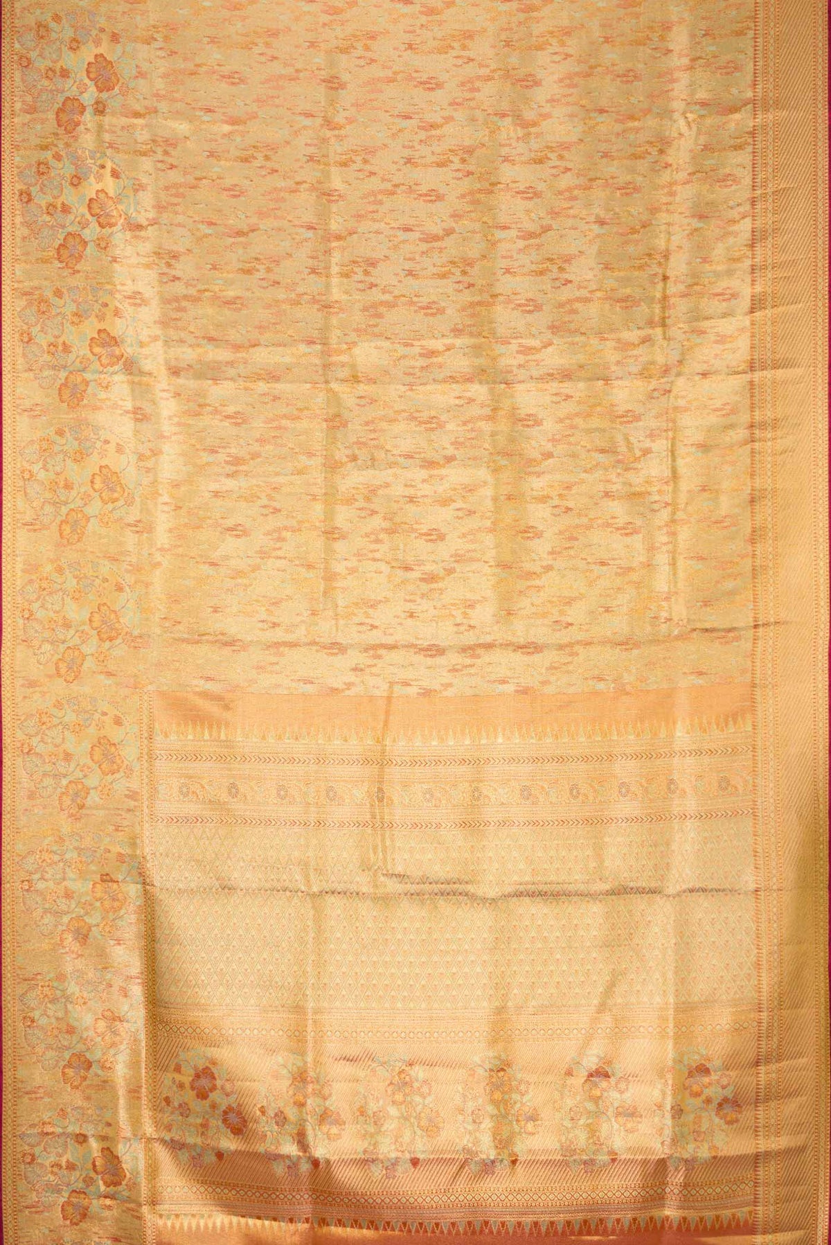 Flat view of Sea Green Dual Tone Kanchipuram Silk Saree with Zari Brocade on the body and Fancy Border