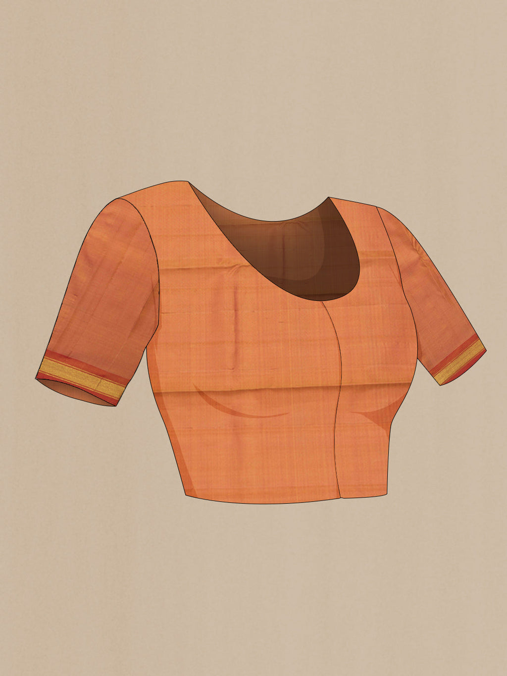 Close up image of the blouse of Golden Peach Dual Tone Kanchipuram Saree with Plain Body and Zari Border. 