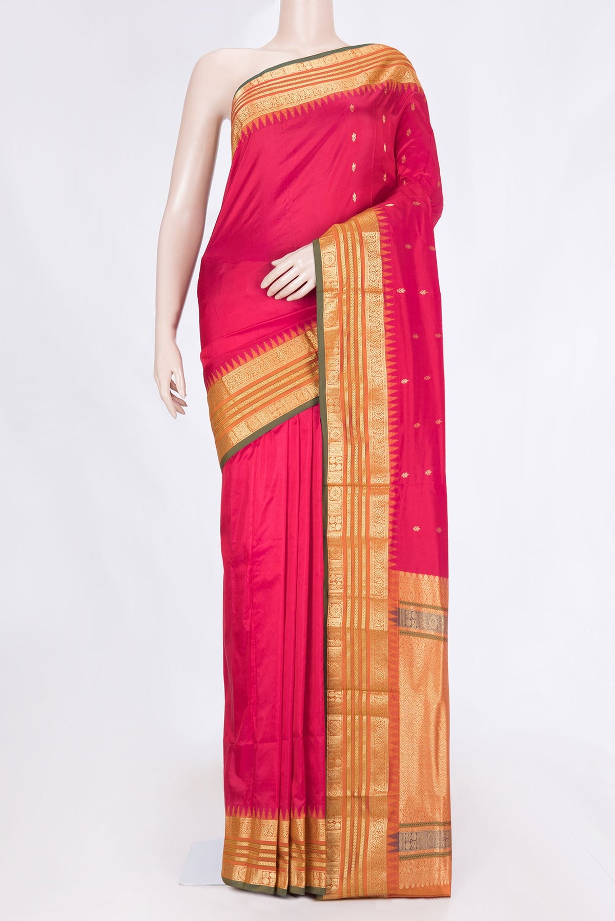 Pink Bangalore Silk Saree with Zari Butta on the body and Zari Border displayed on a mannequin