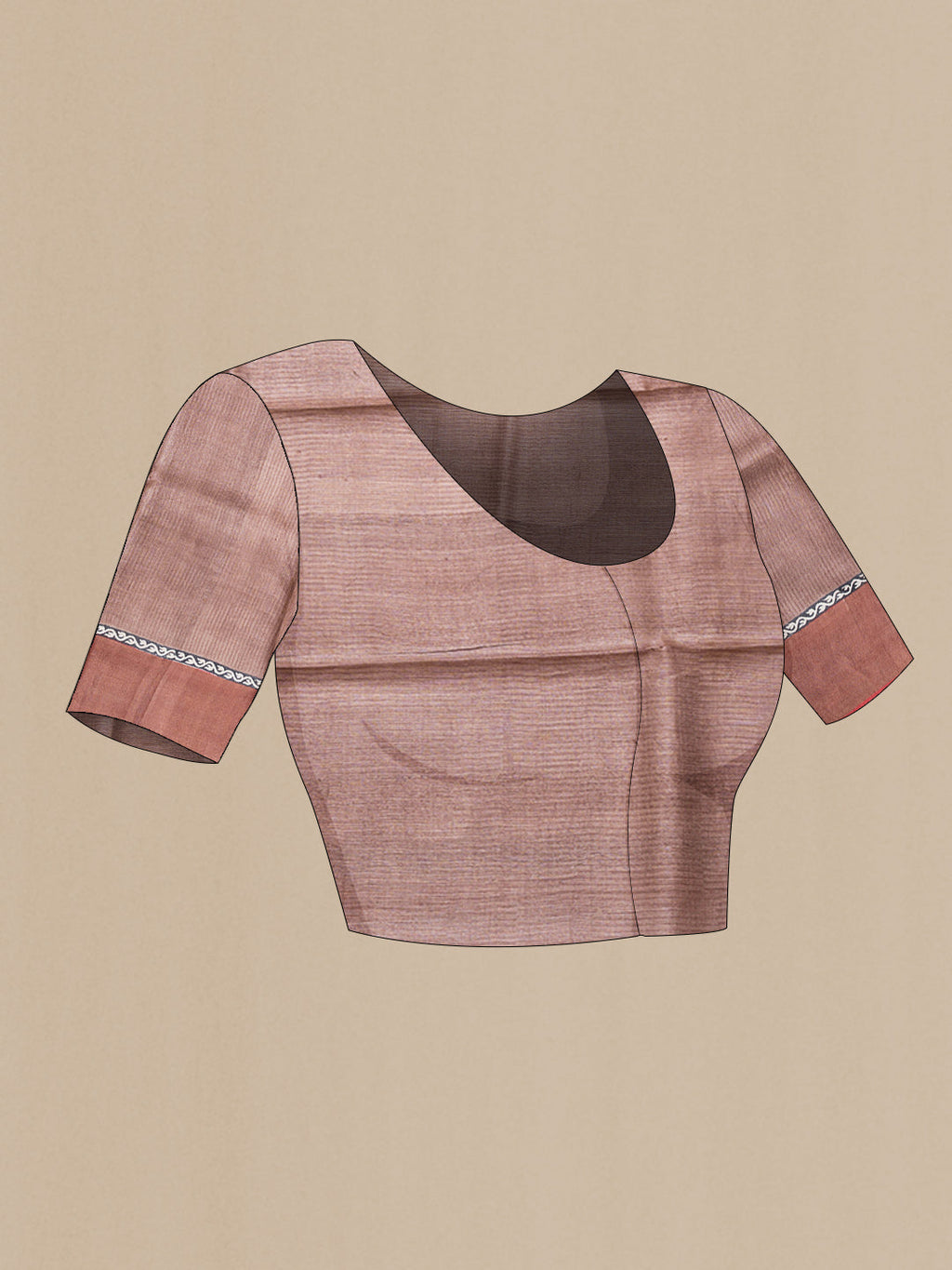 Close up image of the blouse of Brown Dual Tone Tussar Silk Saree with Printed design on the body and Fancy Border. 