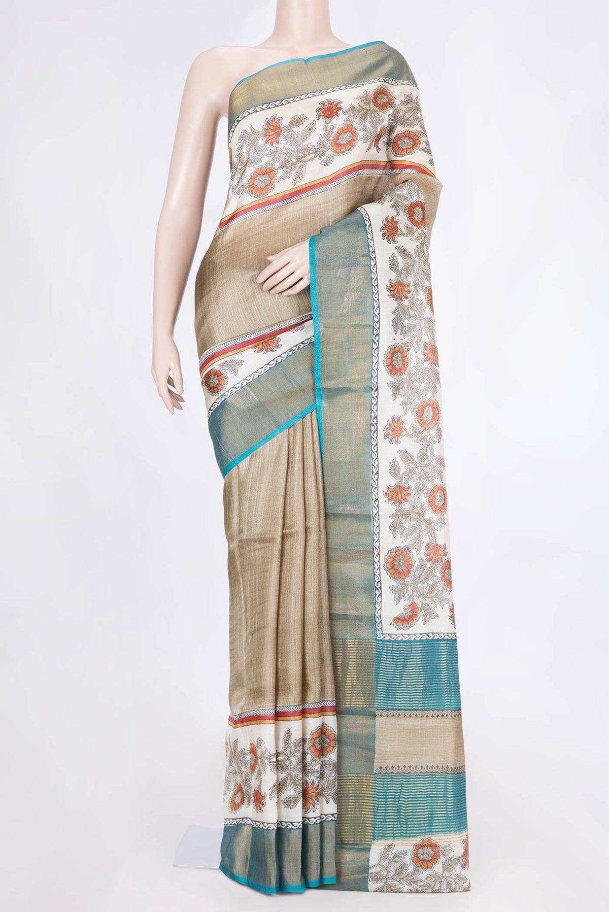 Beige Dual Tone Tussar Saree with Stripes on the body and Fancy Border displayed on a mannequin
