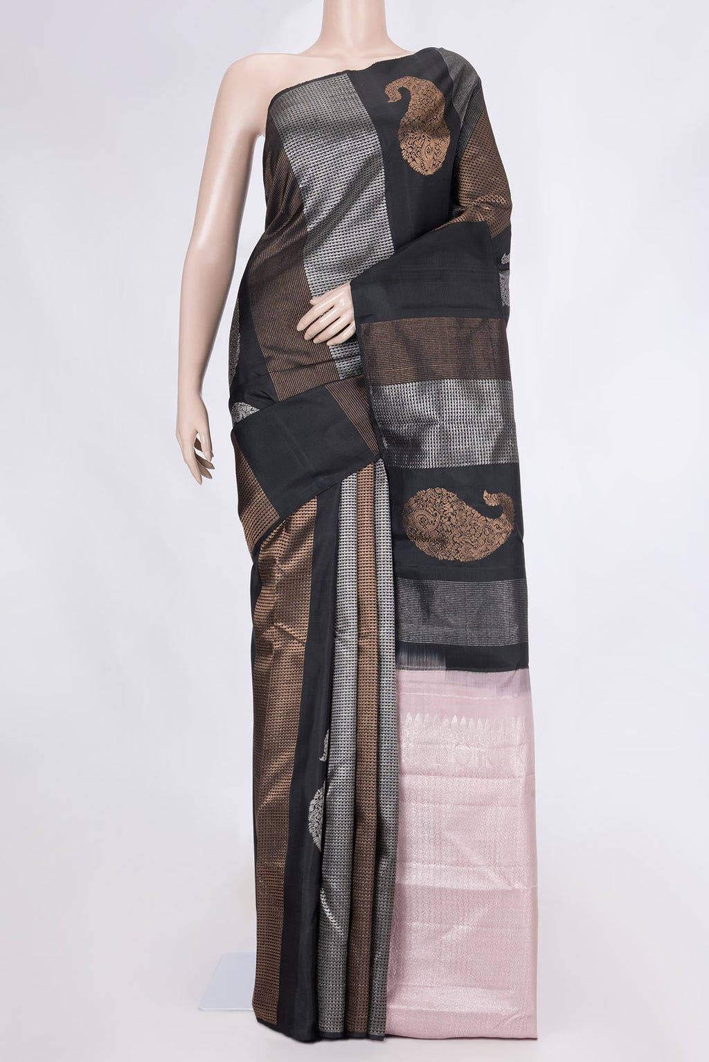 Black Dual Tone Kanchipuram Silk Saree with Stripes on the body and Without Border displayed on a mannequin