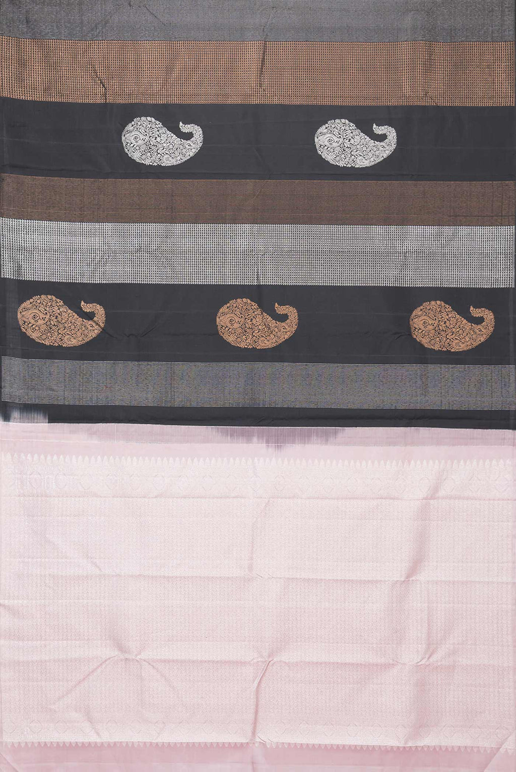 Flat view of Black Dual Tone Kanchipuram Silk Saree with Stripes on the body and Without Border
