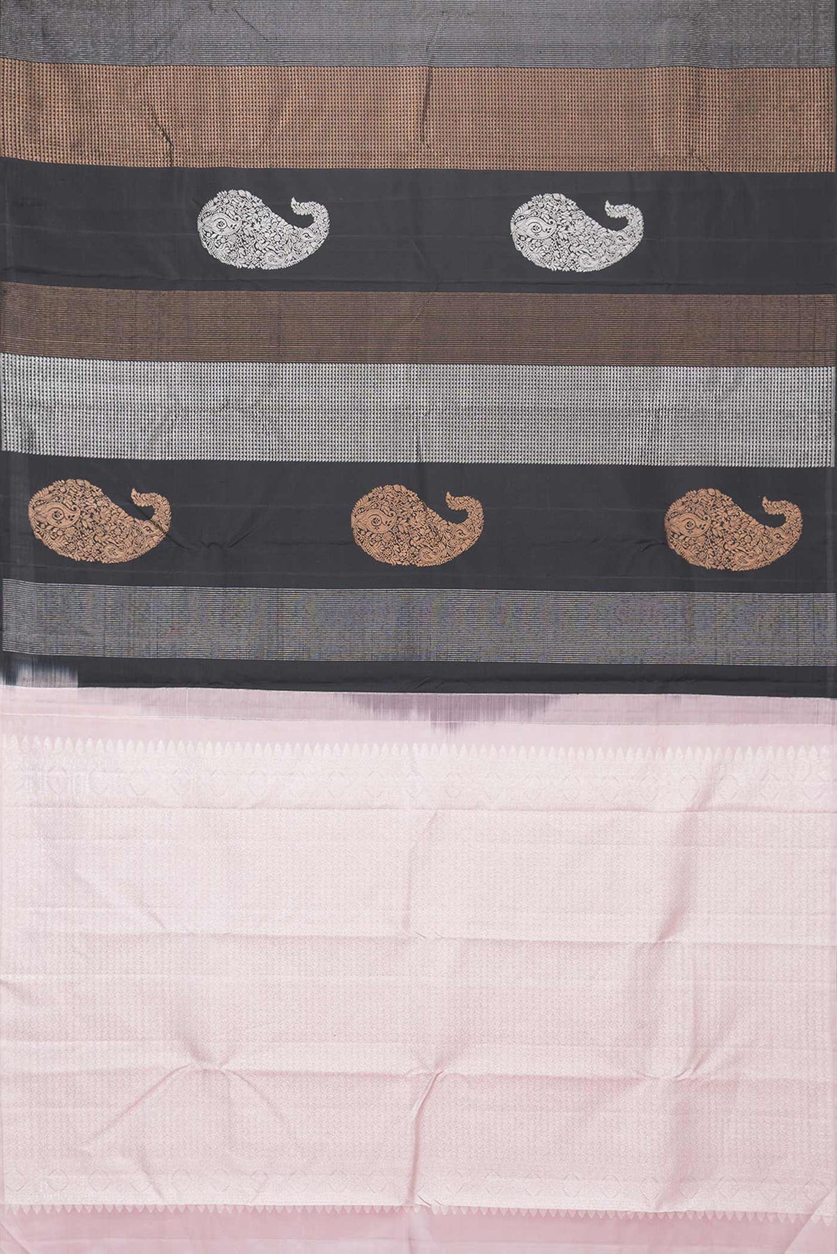 Flat view of Black Dual Tone Kanchipuram Silk Saree with Stripes on the body and Without Border