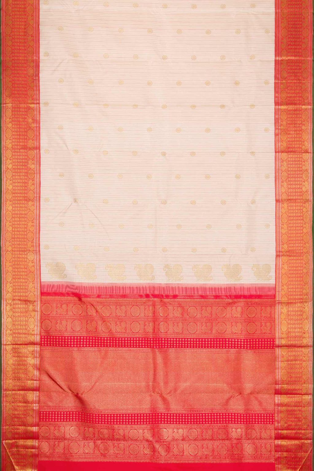 Flat view of Pure Silk Pure Zari Rose Gold Dual Tone Kanchipuram Saree with Stripes on the body and Zari Border