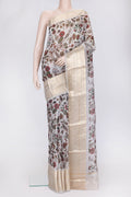 Grey Dual Tone Organza Silk Saree with Printed design on the body and Zari Border.  displayed on a mannequin