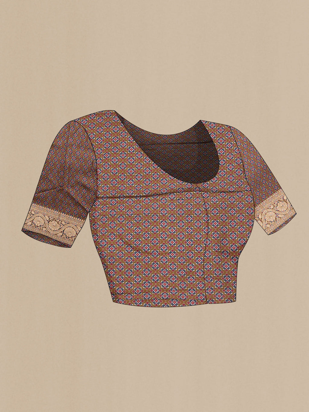 Close up image of the blouse of Rose Gold Dual Tone Organza Silk Saree with Printed design on the body and Zari Border. 