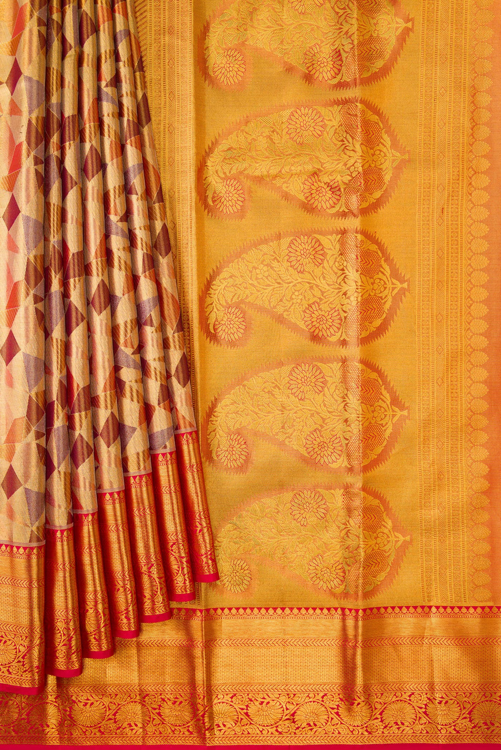 Pleats and pallu of Gold Dual Tone Kanjivaram Tissue Silk Saree with Zari Brocade on the body and Zari Border. 