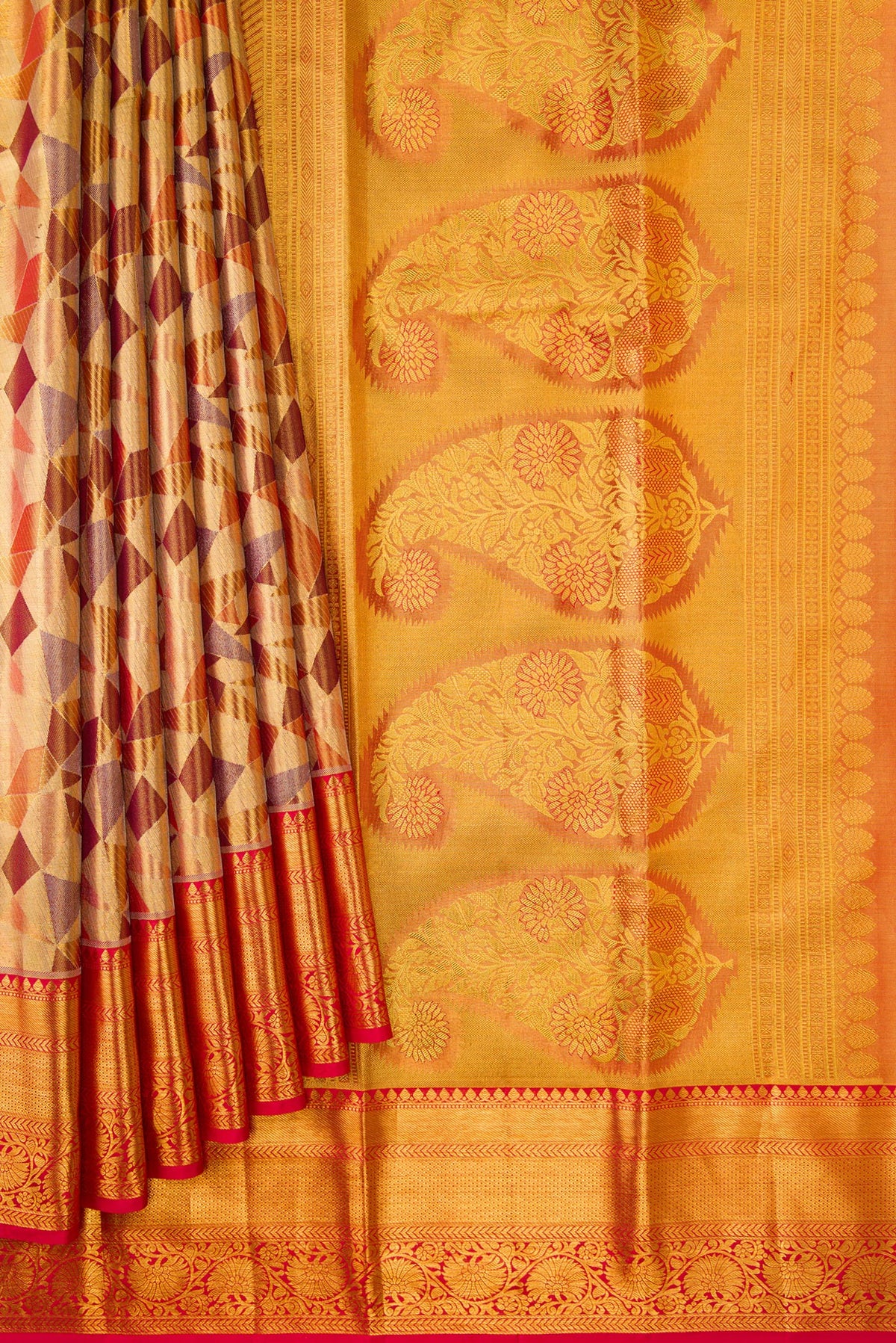 Pleats and pallu of Gold Dual Tone Kanjivaram Tissue Silk Saree with Zari Brocade on the body and Zari Border. 