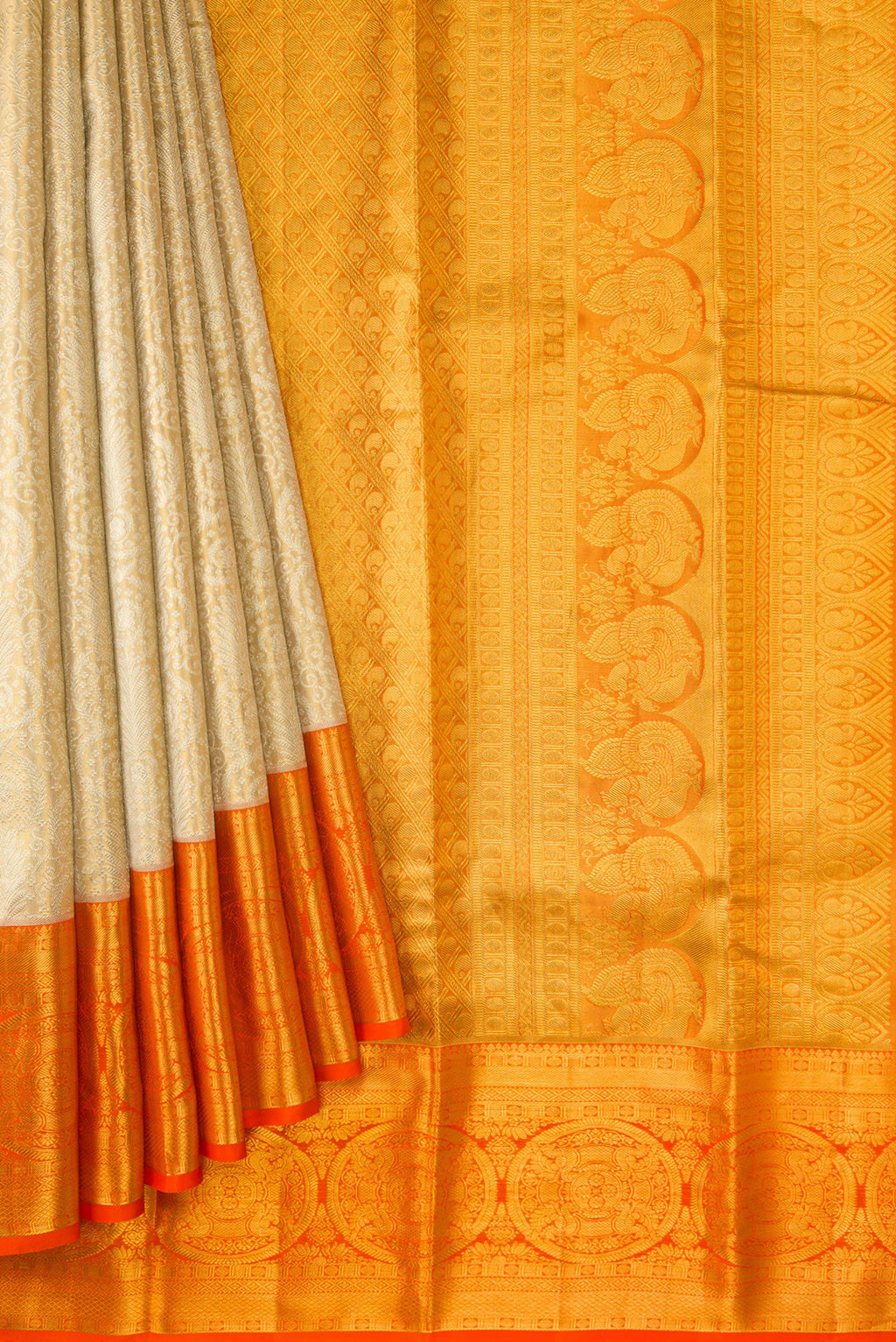 Pleats and pallu of Gold Dual Tone Kanjivaram Tissue Silk Saree with Zari Brocade on the body and Zari Border. 