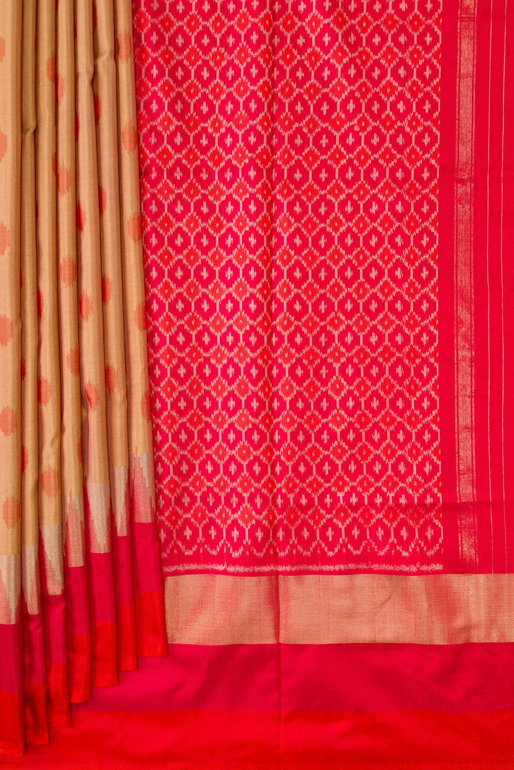 Pleats and pallu of Gold Dual Tone Double Ikat Saree with Ikat Print on the body and Zari Border. 