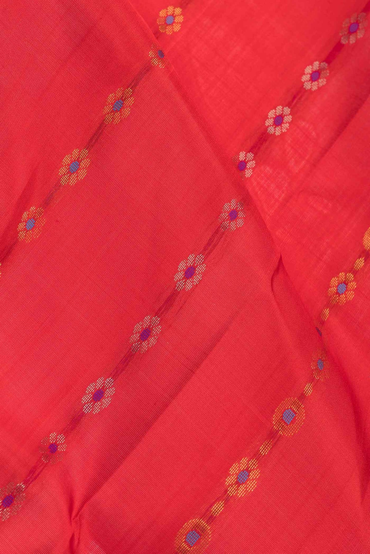 Close up of Red Dual Tone Uppada Silk Saree with Zari And Thread Butta on the body and Zari Border.  displaying folds