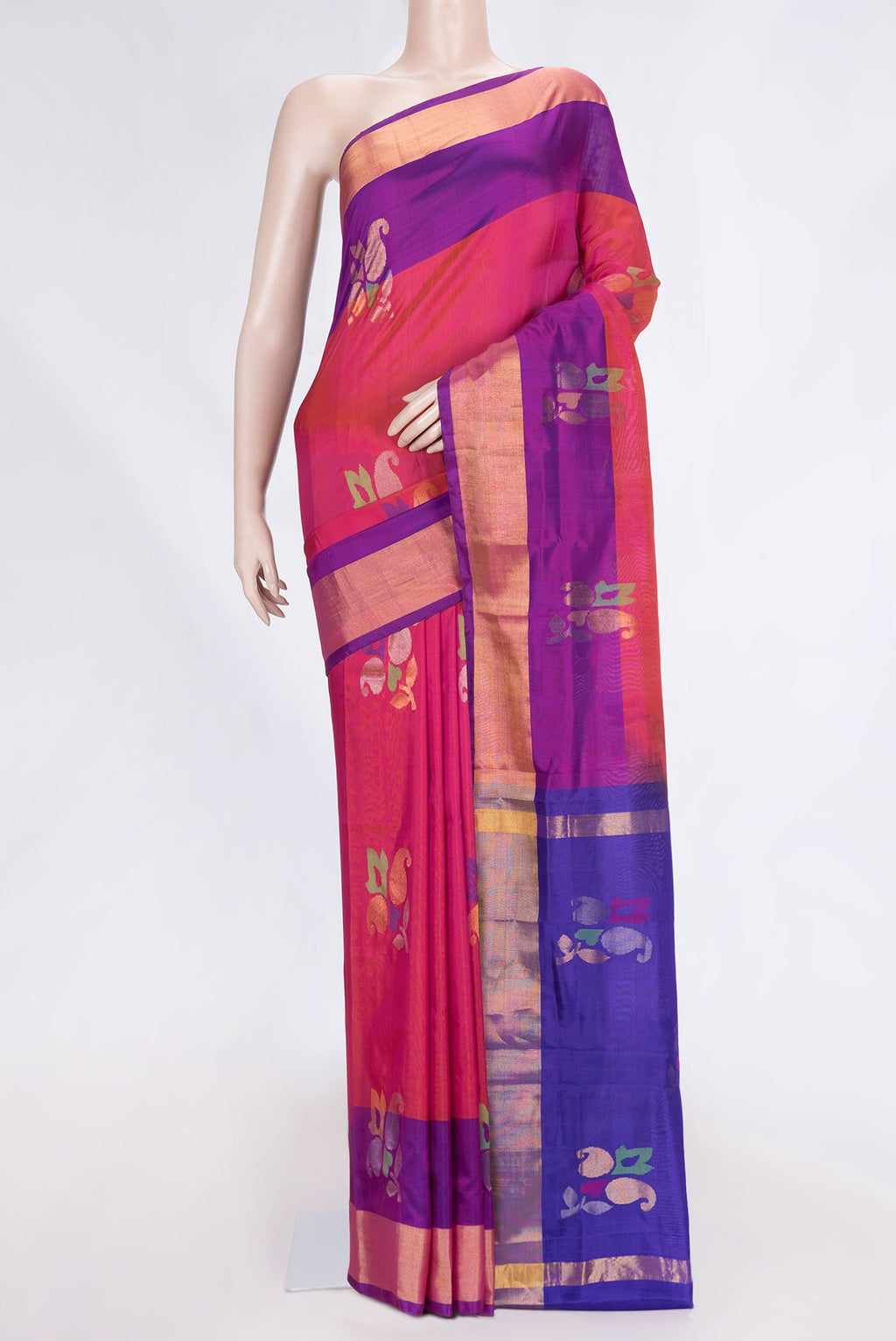 Pink Dual Tone Uppada Silk Saree with Zari And Thread Butta on the body and Fancy Border.  displayed on a mannequin