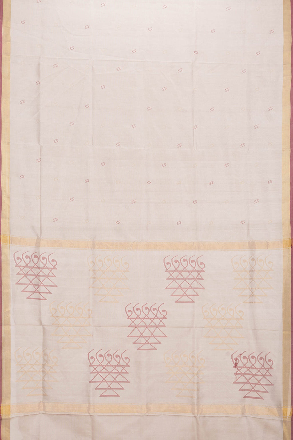 Flat view of Beige Dual Tone Uppada Silk Saree with Zari And Thread Butta on the body and Zari Border. 