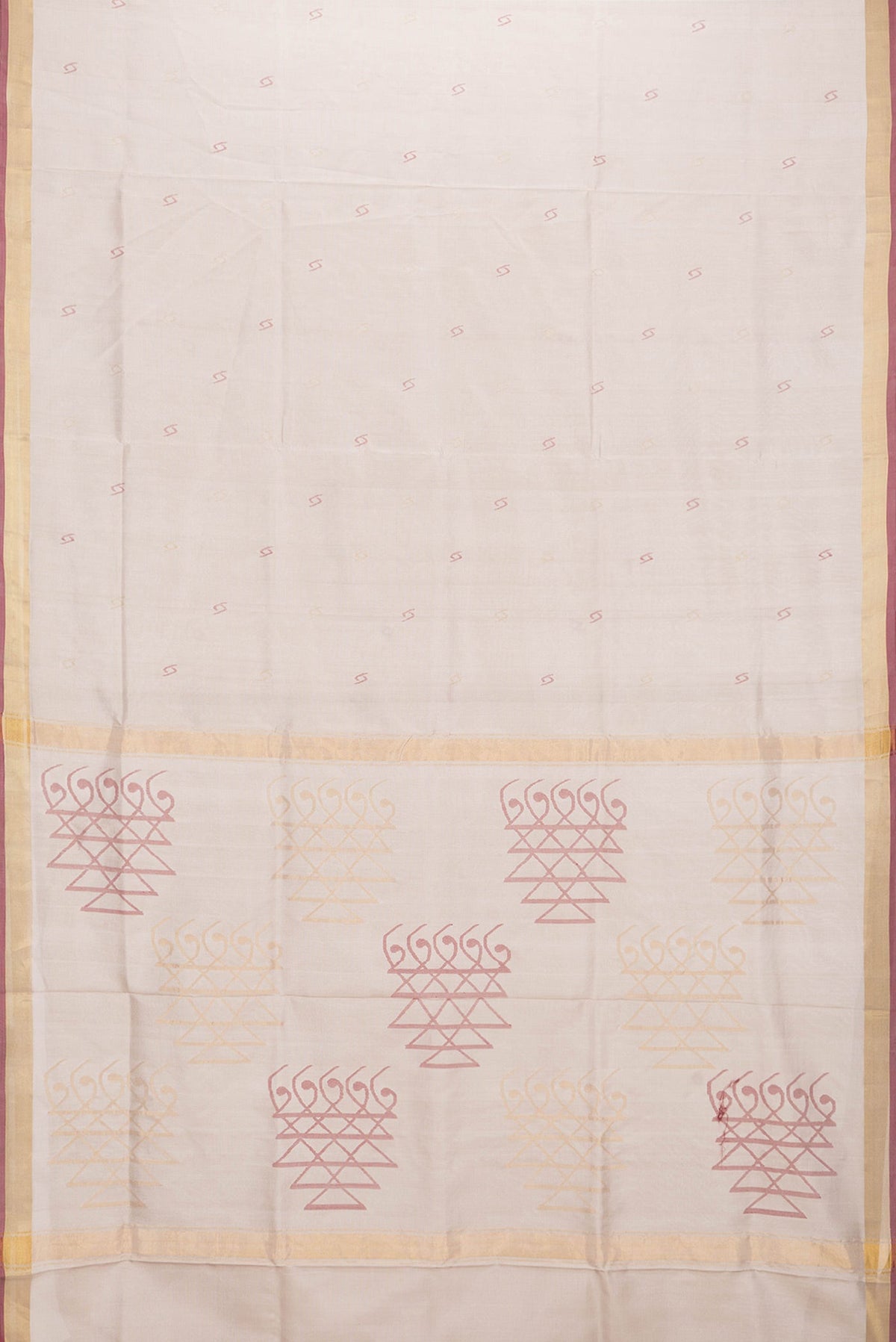 Flat view of Beige Dual Tone Uppada Silk Saree with Zari And Thread Butta on the body and Zari Border. 