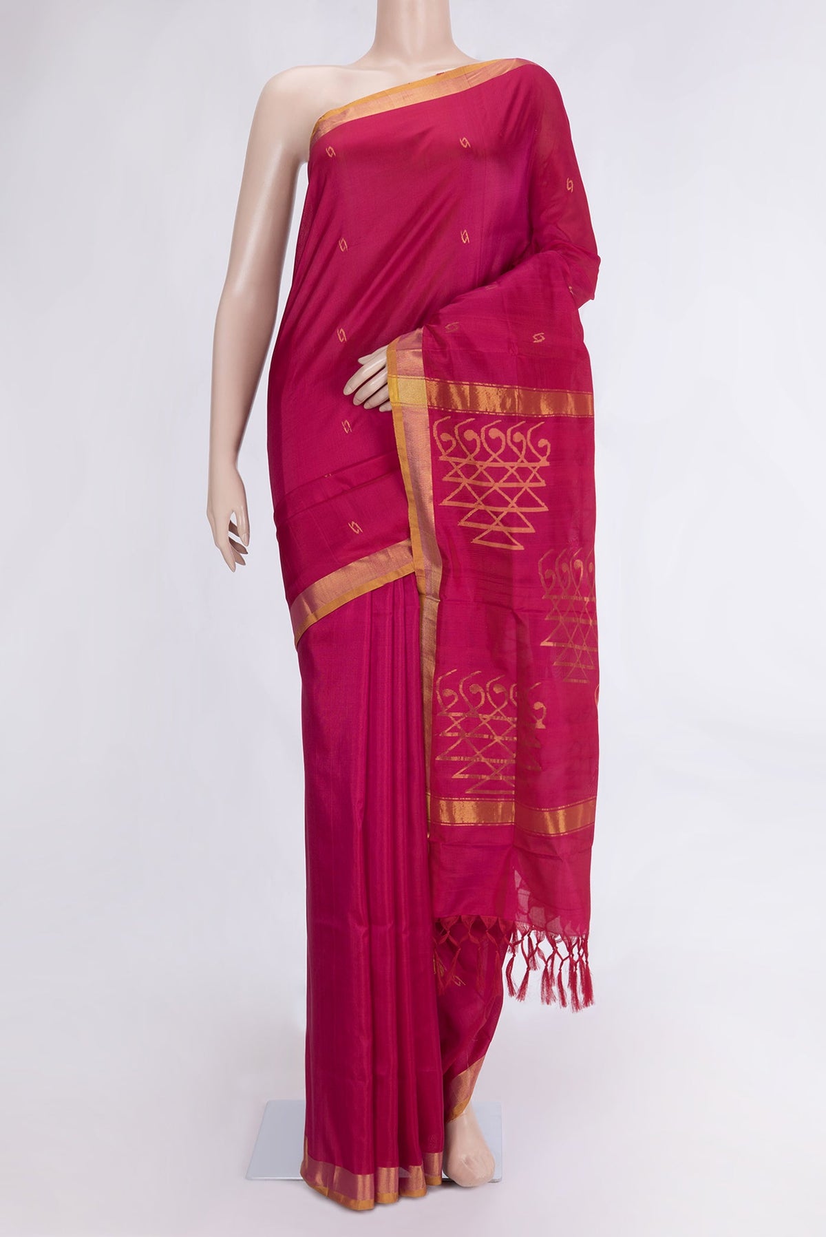 Pink Dual Tone Uppada Silk Saree with Zari Butta on the body and Zari Border.  displayed on a mannequin