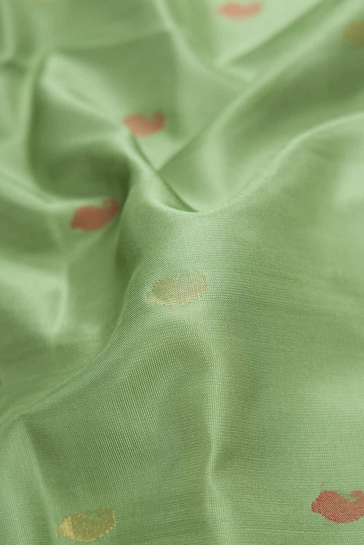 Close up of Green Dual Tone Uppada Silk Saree with Zari And Thread Butta on the body and Zari Border.  displaying folds