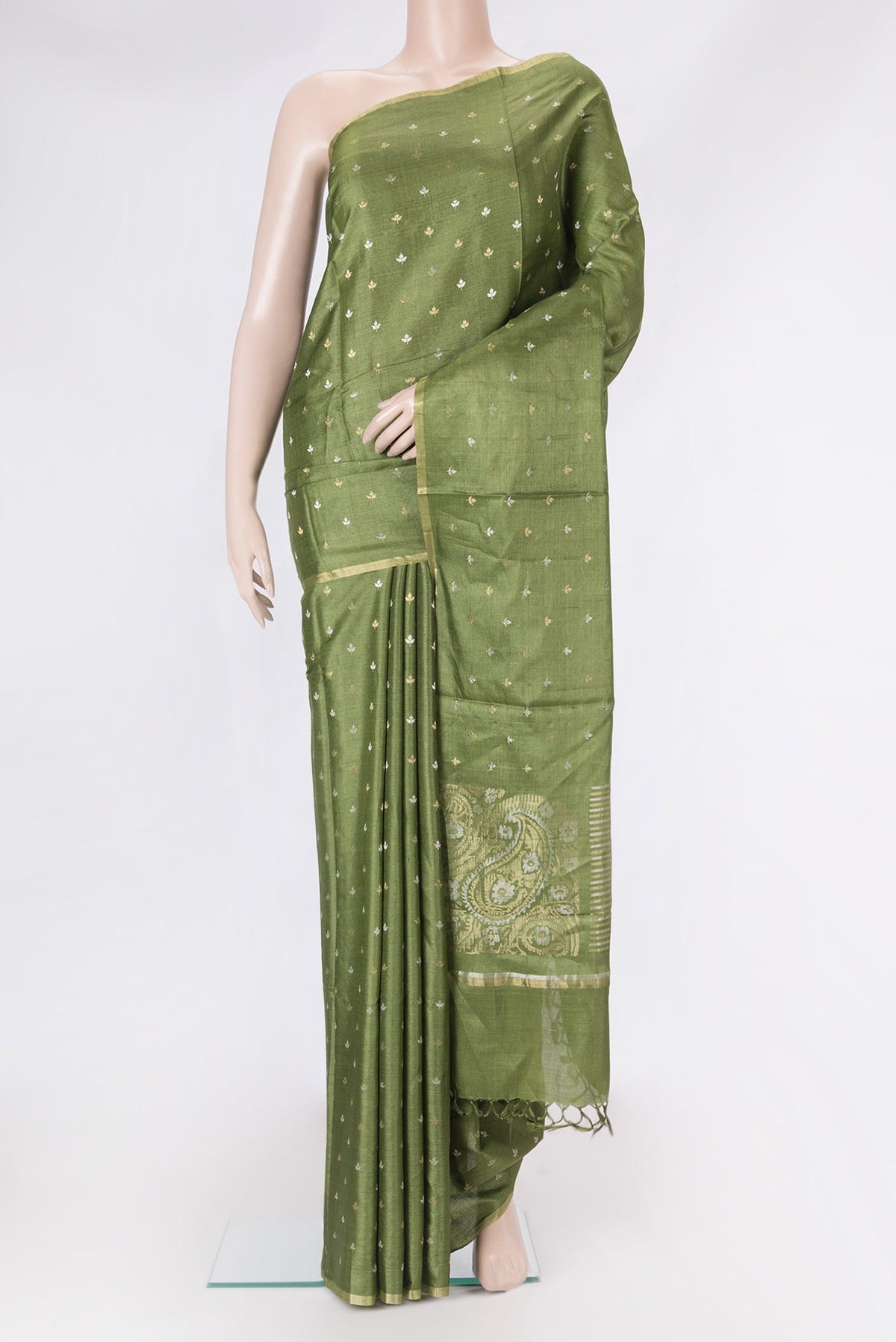 Mehandi Green Dual Tone Tussar Silk Saree with Zari Butta on the body and Zari Border.  displayed on a mannequin