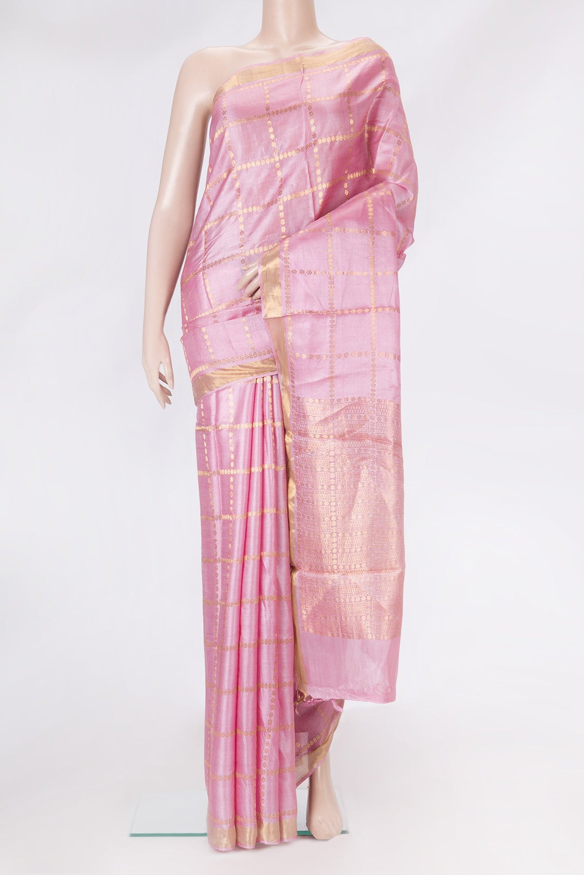 Pink Dual Tone Tussar Silk Saree with Checked design on the body and Zari Border.  displayed on a mannequin