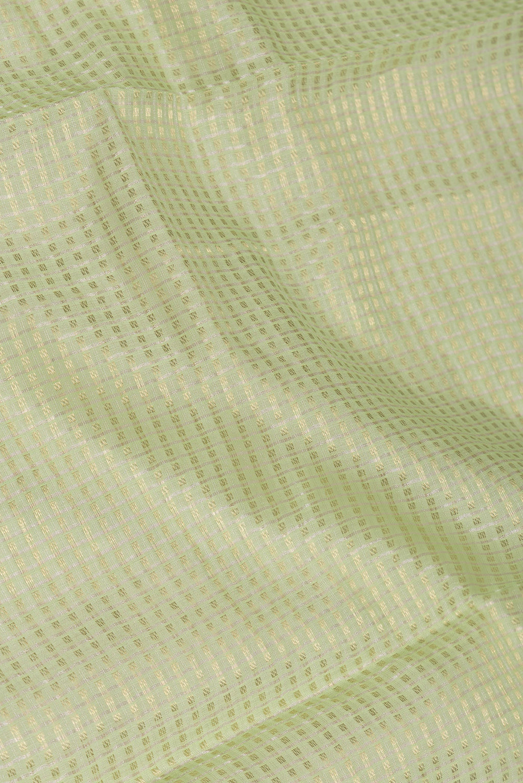 Close up of Pista Green Dual Tone Tussar Silk Saree with Checked design on the body and Zari Border.  displaying folds