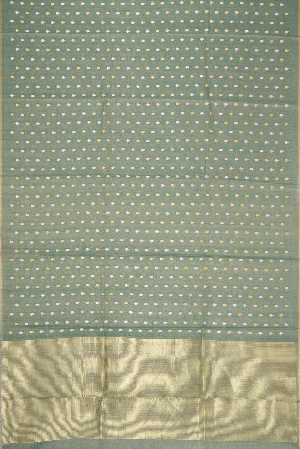 Flat view of Green Dual Tone Chanderi Tissue Silk Saree with Zari Butta on the body and Zari Border. 