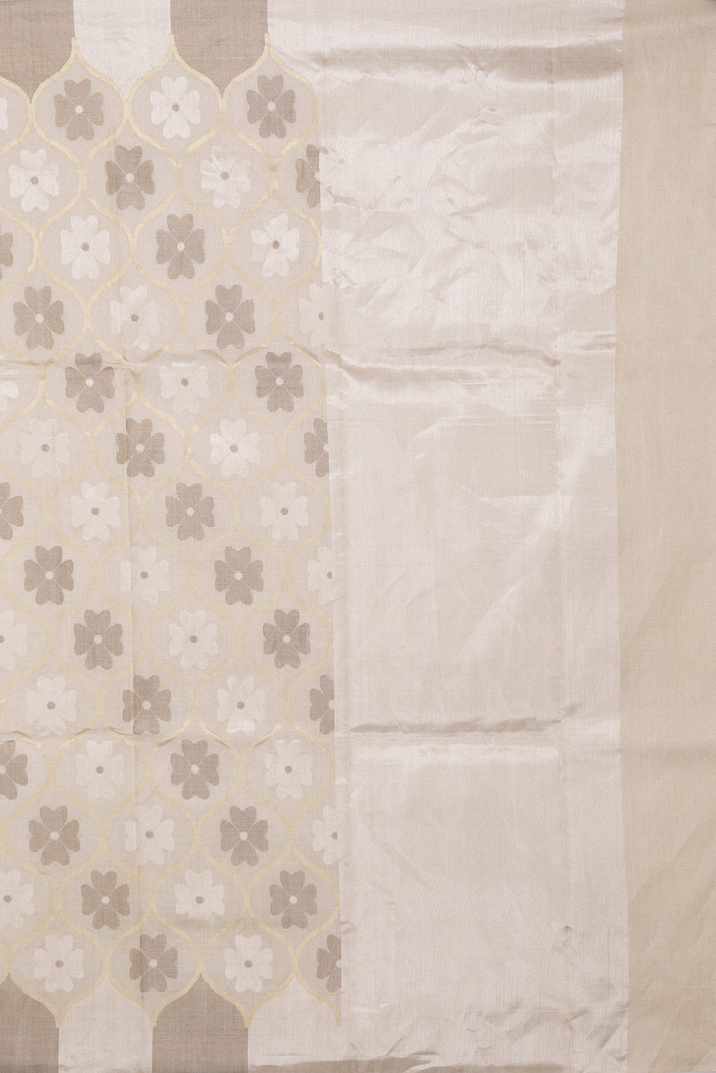 Close up image of the pallu of Beige Dual Tone Chanderi Silk Saree with Zari Brocade on the body and Without Border. 
