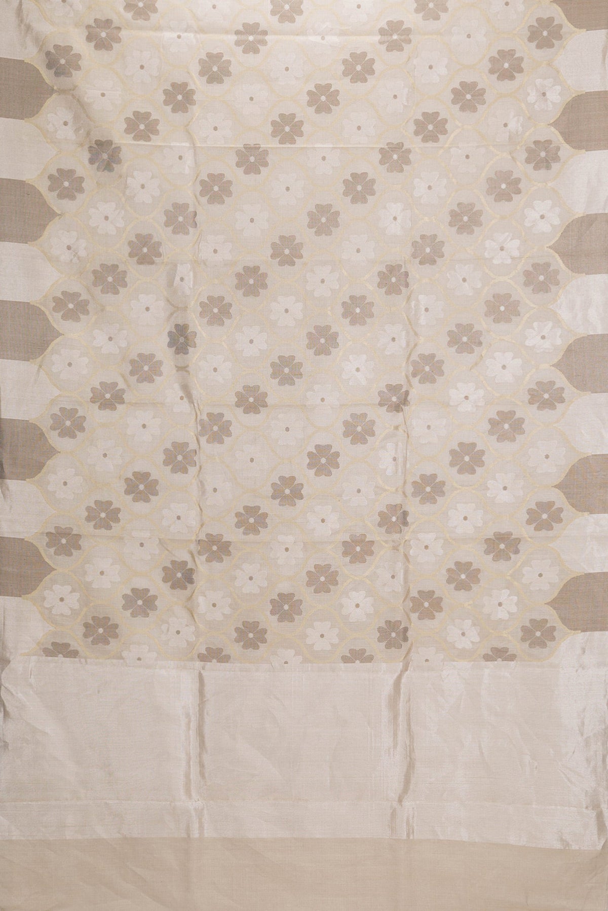 Flat view of Beige Dual Tone Chanderi Silk Saree with Zari Brocade on the body and Without Border. 