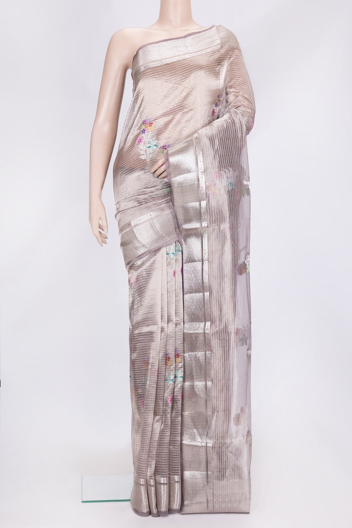 Purple Dual Tone Organza Silk Saree with Zari Brocade on the body and Zari Border.  displayed on a mannequin
