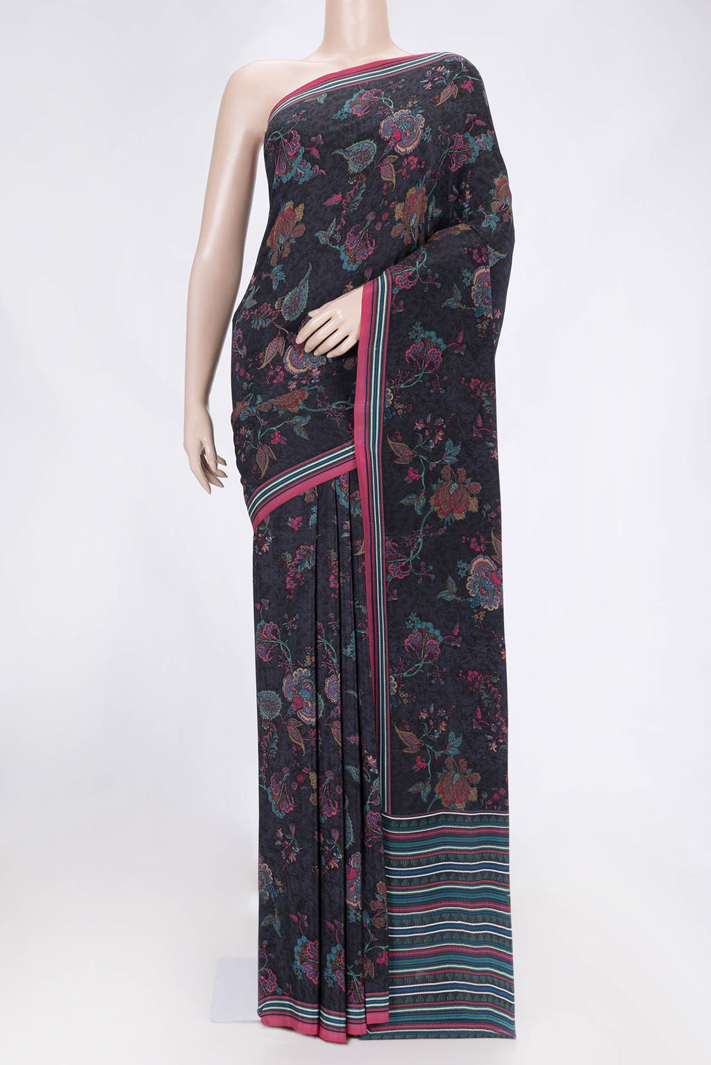 Grey Dual Tone Mysore Crepe Saree with Printed design on the body and Printed Border.  displayed on a mannequin