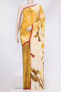 Mustard Dual Tone Mysore Crepe Saree with Printed design on the body and Plain Border.  displayed on a mannequin