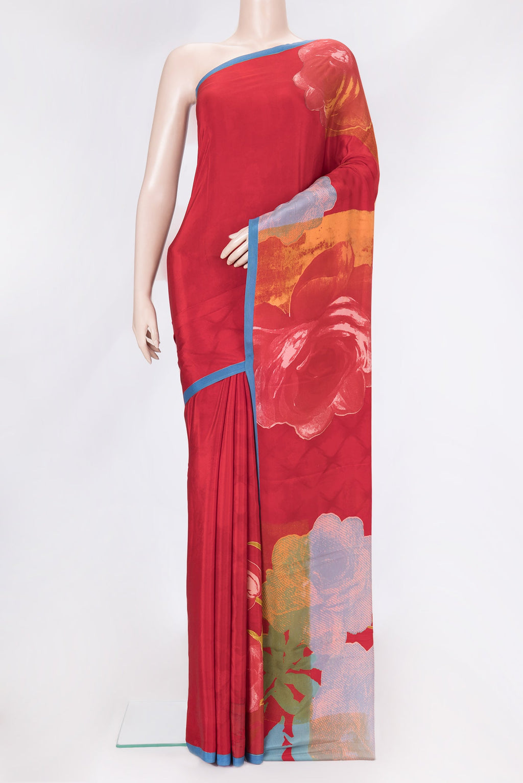 Red Dual Tone Mysore Crepe Saree with Printed design on the body and Plain Border.  displayed on a mannequin