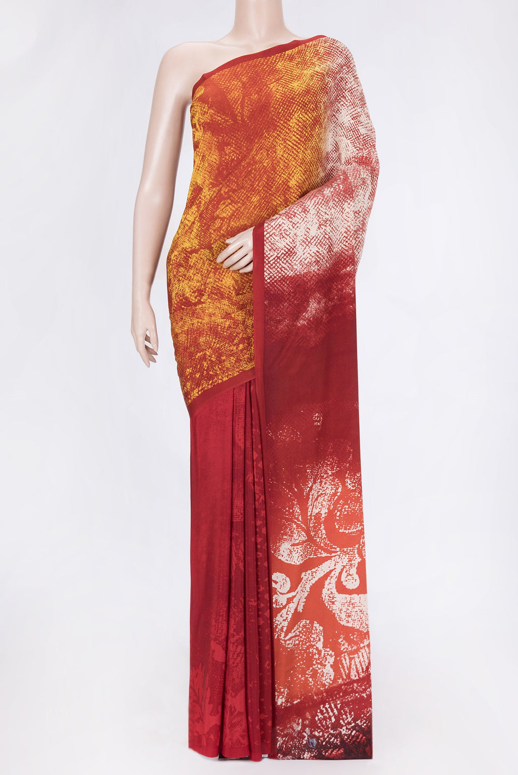 Red Dual Tone Mysore Crepe Saree with Printed design on the body and Without Border.  displayed on a mannequin